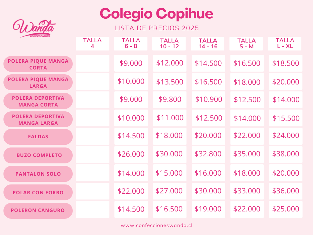 Precios colegio copihue